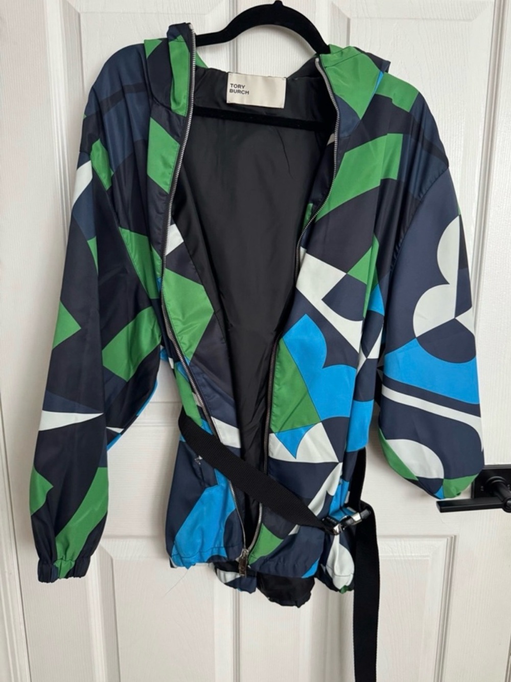 Tory Burch Colorblock Geometric Hooded Windbreaker — Navy, Green & Blue